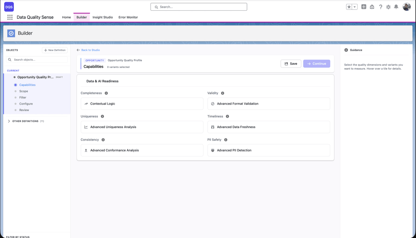 DQS Builder capability selection, showing the Data & AI Readiness group with Completeness, Validity, Uniqueness, Timeliness, Consistency and PII Safety