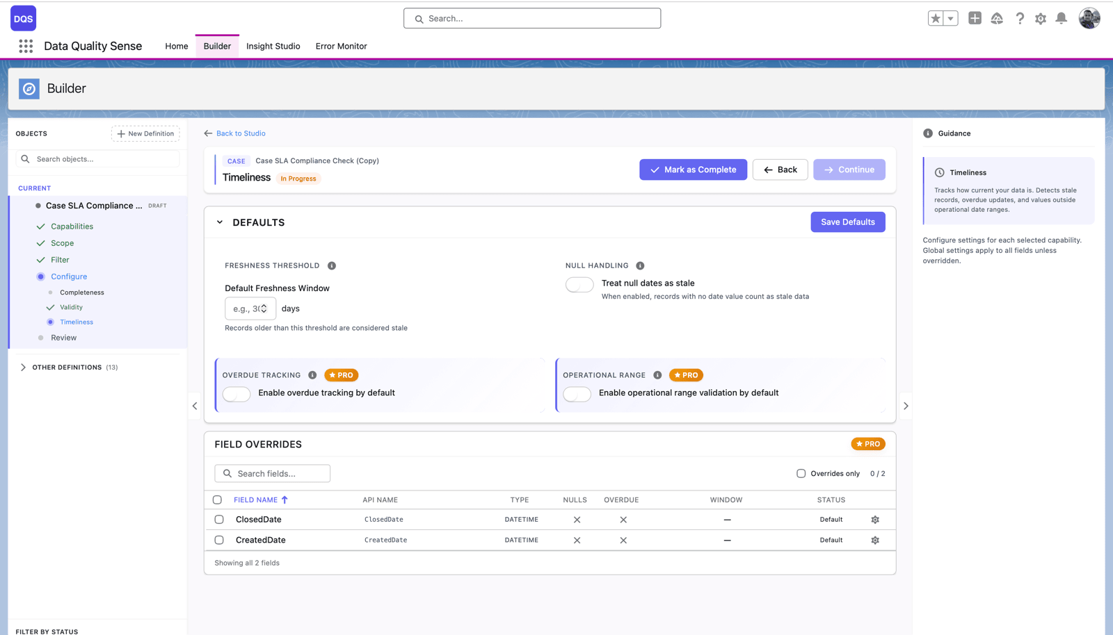 DQS Builder configuring the Timeliness capability: a default freshness window in days, null-date handling, and per-field overrides on date fields