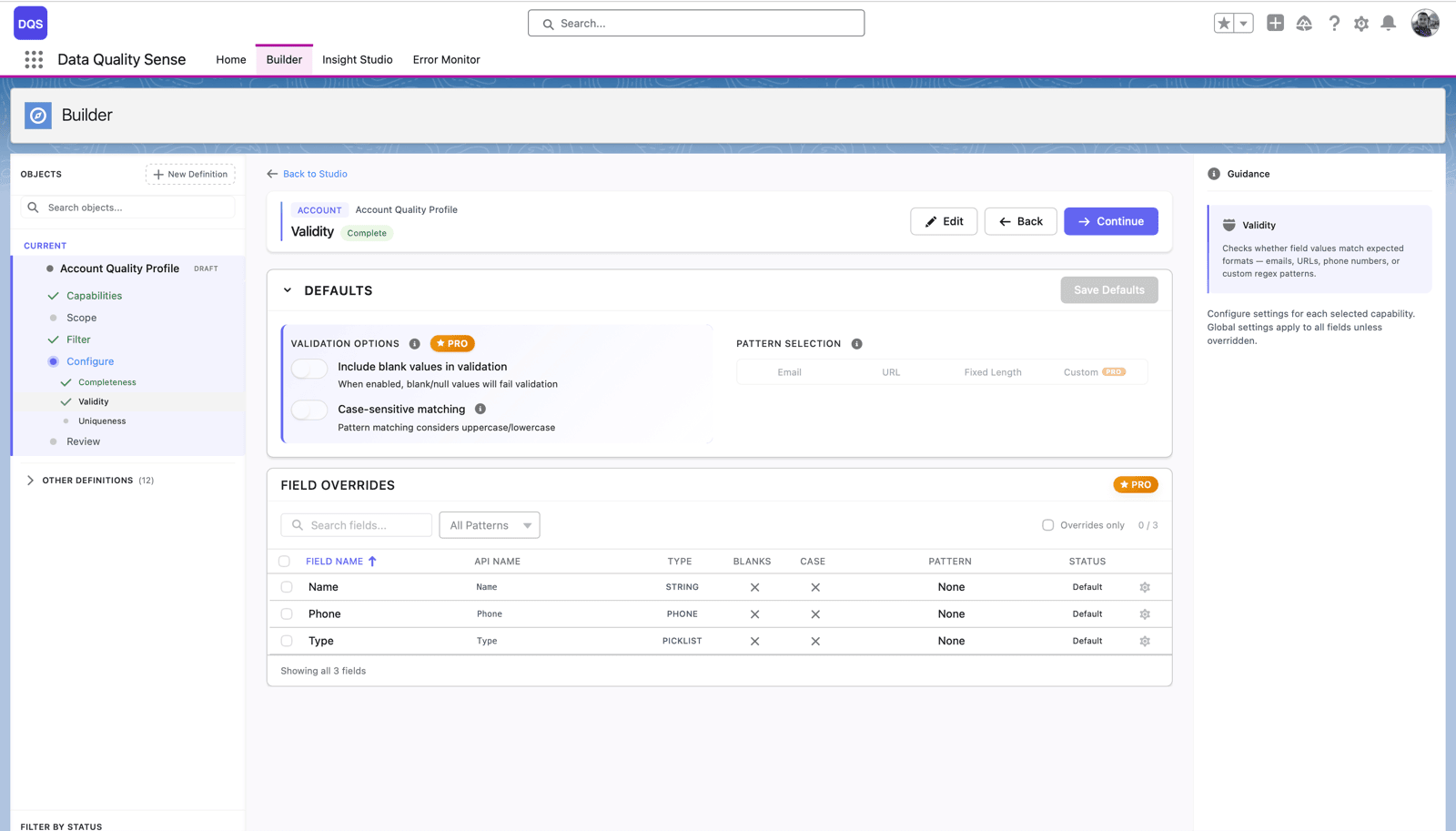 DQS Builder configuring the Validity capability on an Account definition, with blank and case-sensitivity options and per-field pattern overrides
