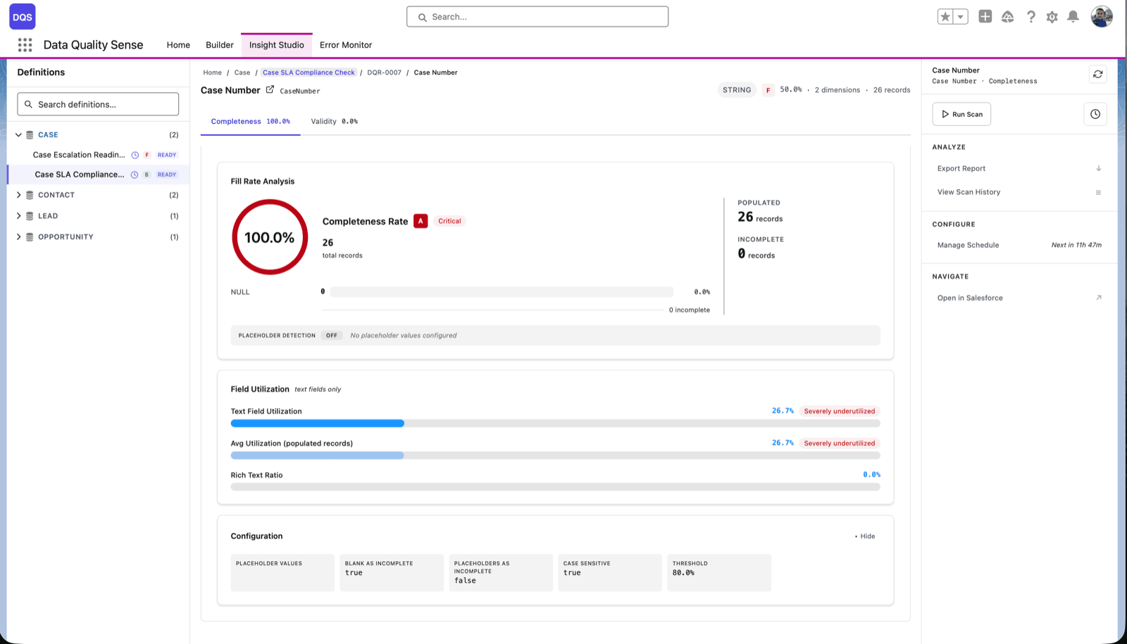 DQS Insight Studio field result: a fill rate analysis showing completeness rate, populated versus incomplete record counts, and field utilization
