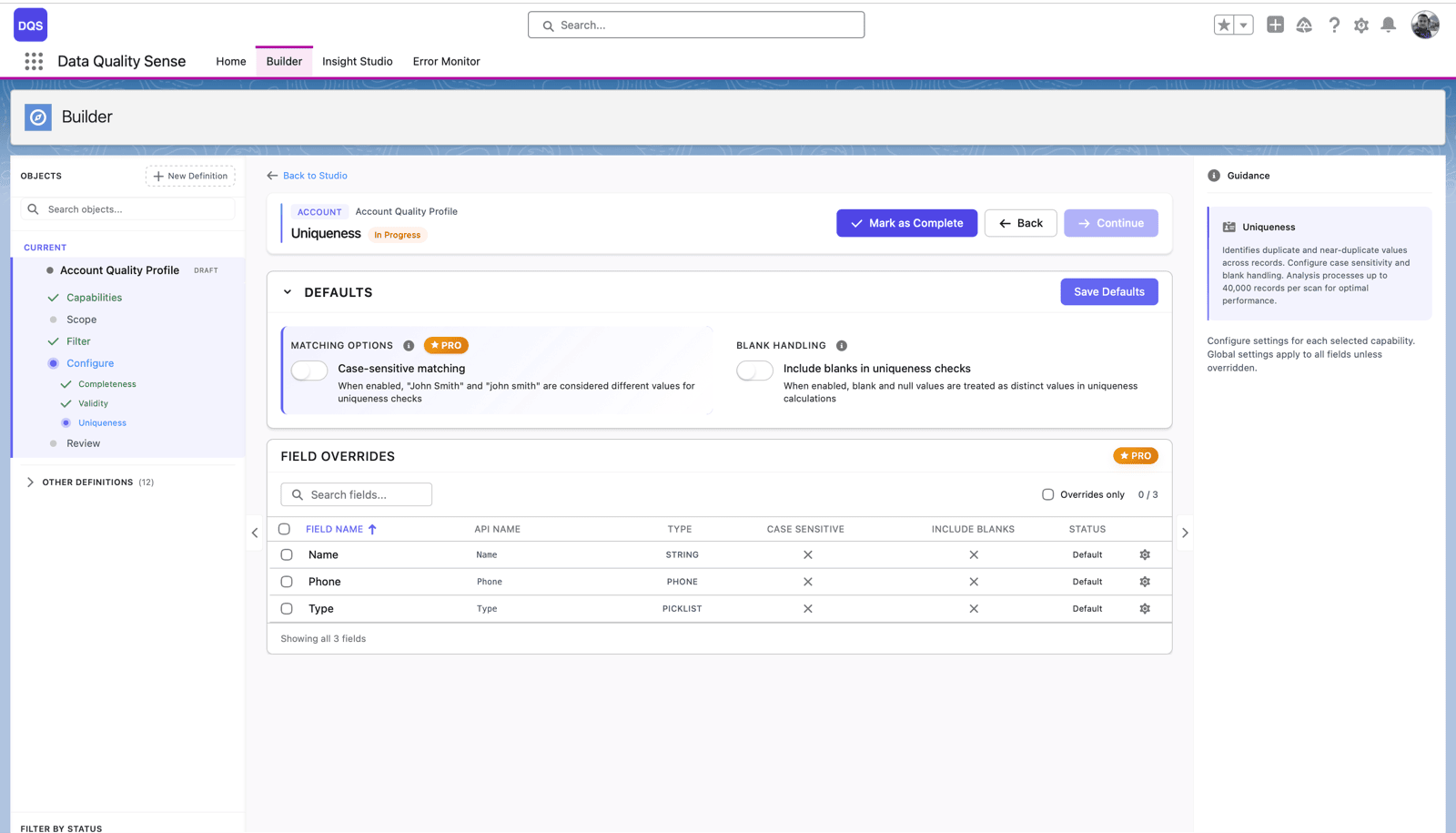 DQS Builder configuring the Uniqueness capability: case-sensitive matching, blank handling, and per-field overrides across Name, Phone and Type