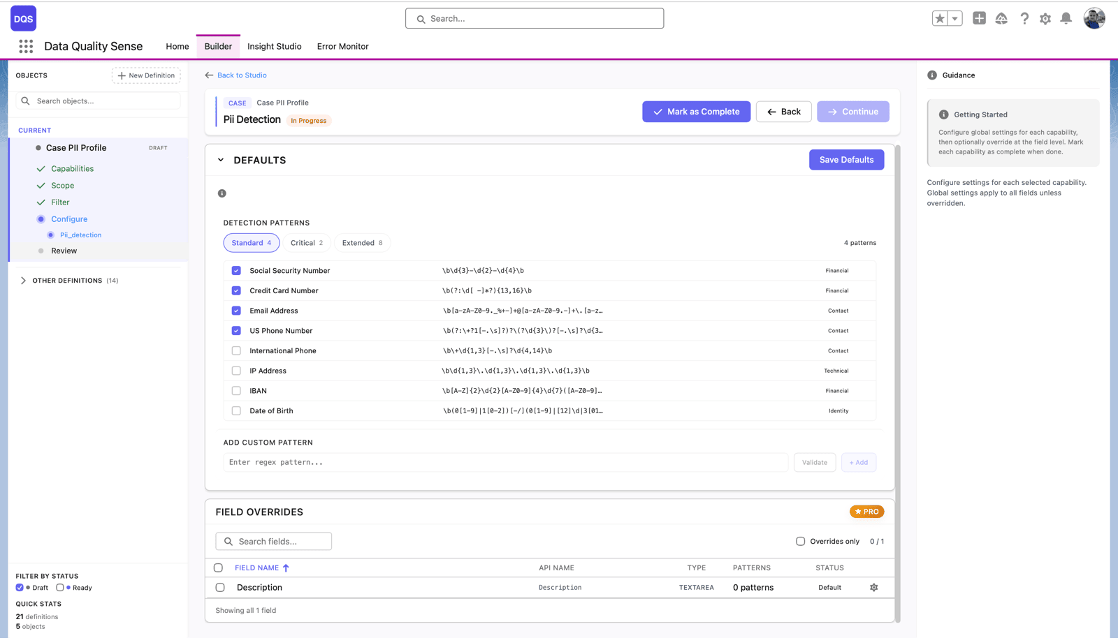 DQS Builder configuring PII detection: standard, critical and extended pattern sets covering social security, credit card, email, phone, IBAN and date of birth